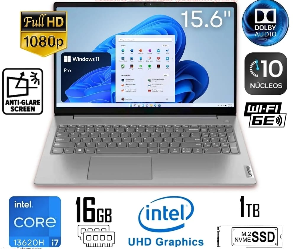 Lenovo V15 G4 IRU, Core I7-13620H 2.4 - 4.9GHz, 16GB DDR4, 1TB SSD, 15.6 FHD TN, Webcam, Bluetooth, WiFi, LAN, Iron Grey, FreeDOS, Teclado Español